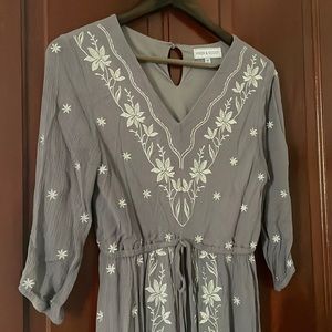 Beautiful embroidered dress, gray blue color.